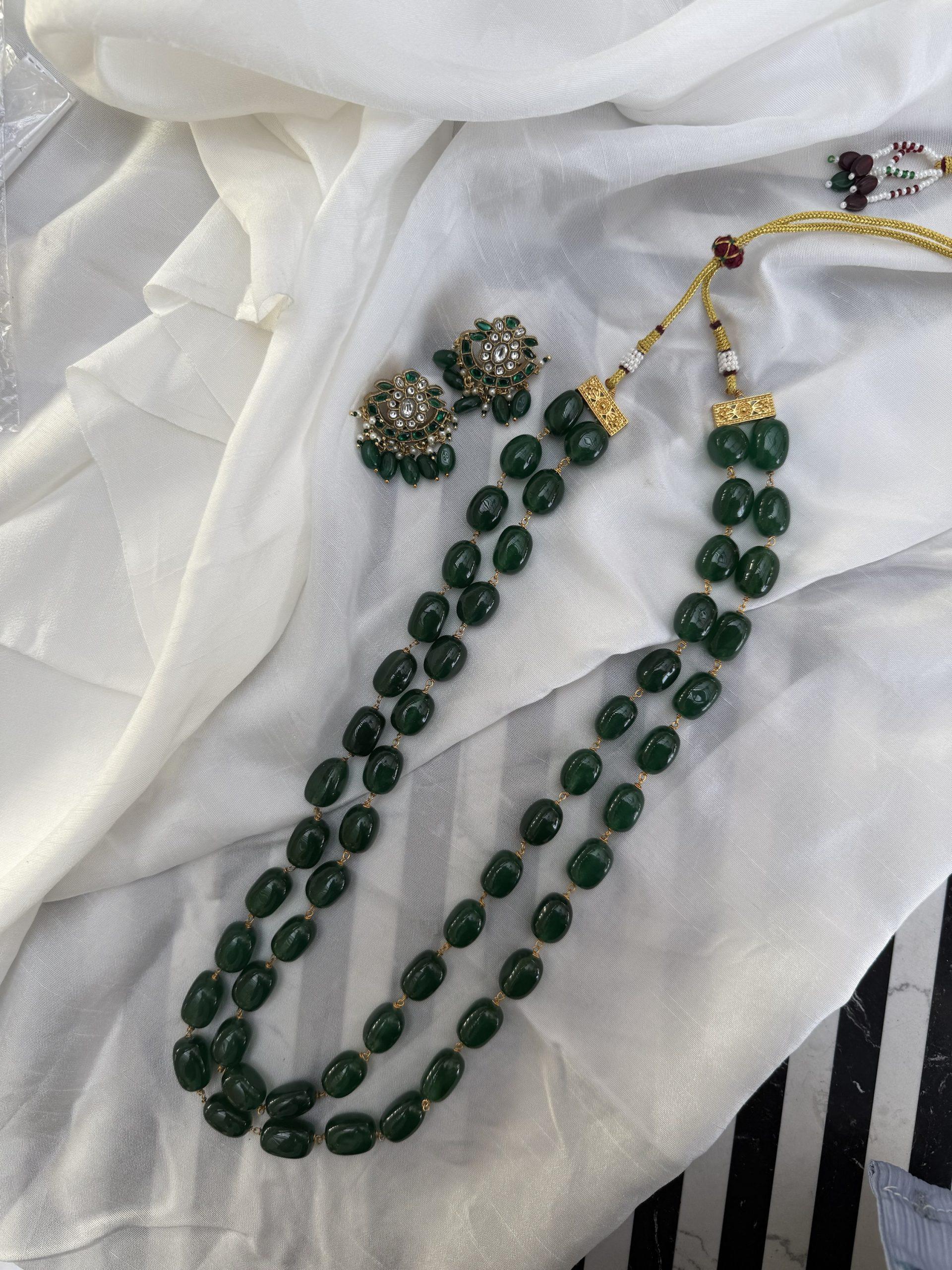 Green Double Layered Maala + Earrings image 0