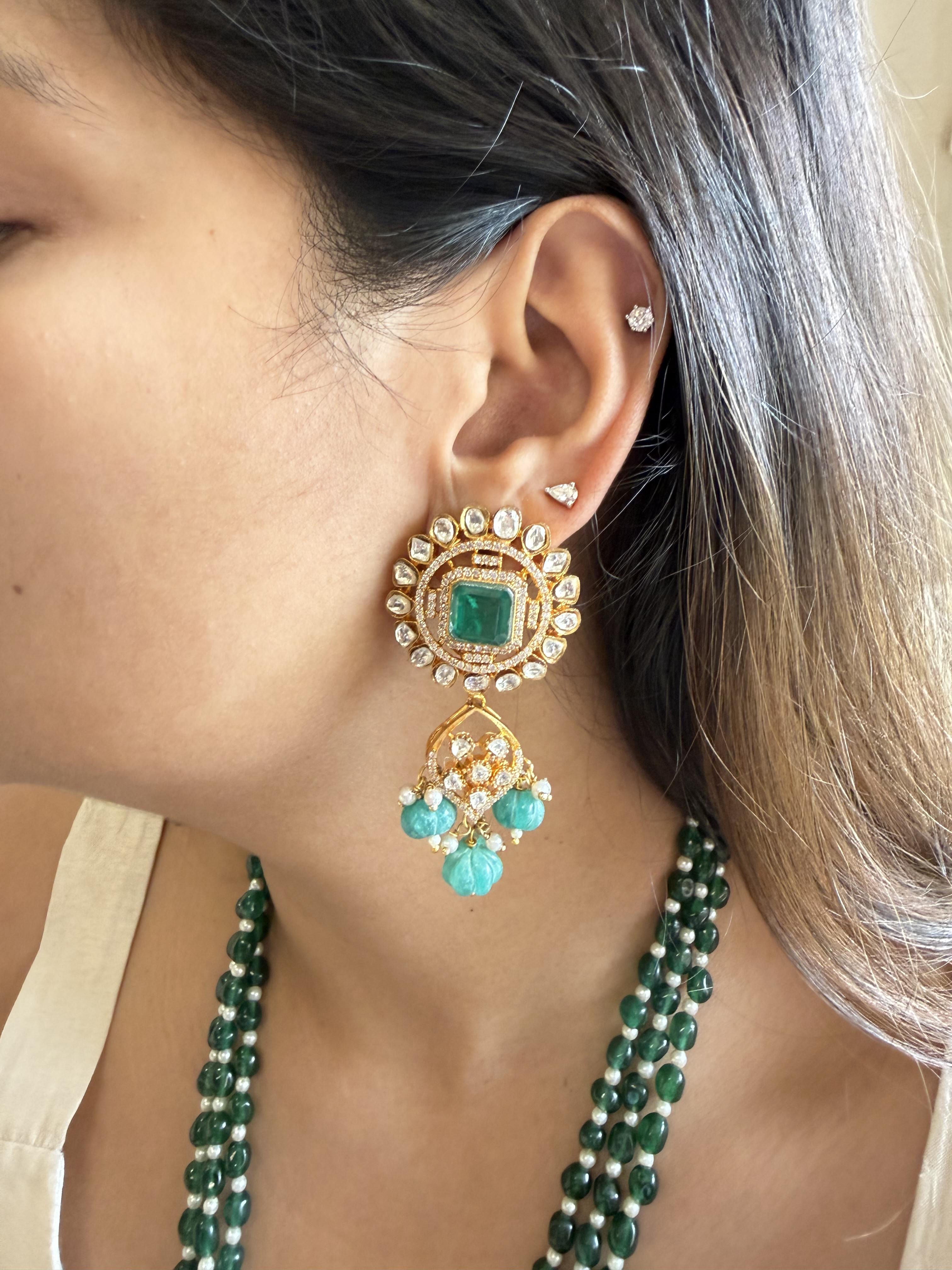 KAMINI GREEN POLKI LONG NECKLACE SET