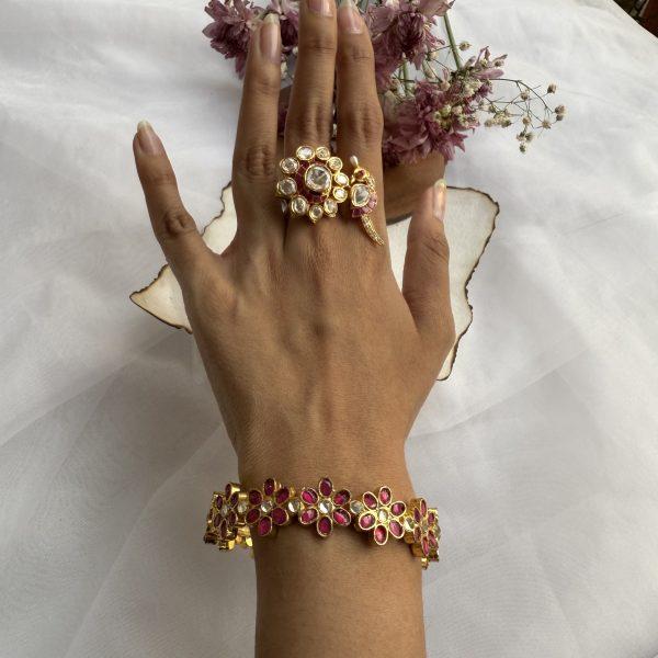 Pink Flower Polki Bangle